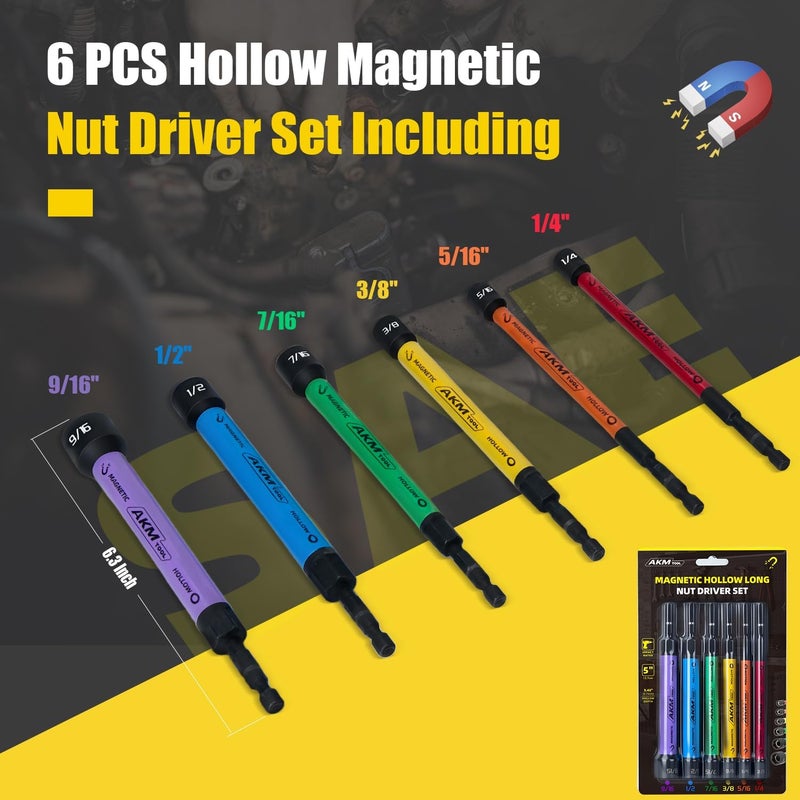 AKM TOOL 6 PCS Hollow Nut Driver Set, Magnetic nut driver set, Hollow Shaft Nut Driver Set, SAE, Color Coded, Hex Sizes, 1/4 to 9/16-Inch, Nut Setter, Hollow Nut Driver with 5-Inch Extended Reach - Image 2
